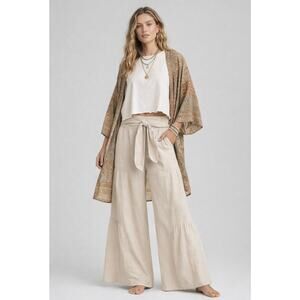 Happily Grey Beige/Tan  Wide Leg Palazzo Pants Tie Waist Linen Blend Size M